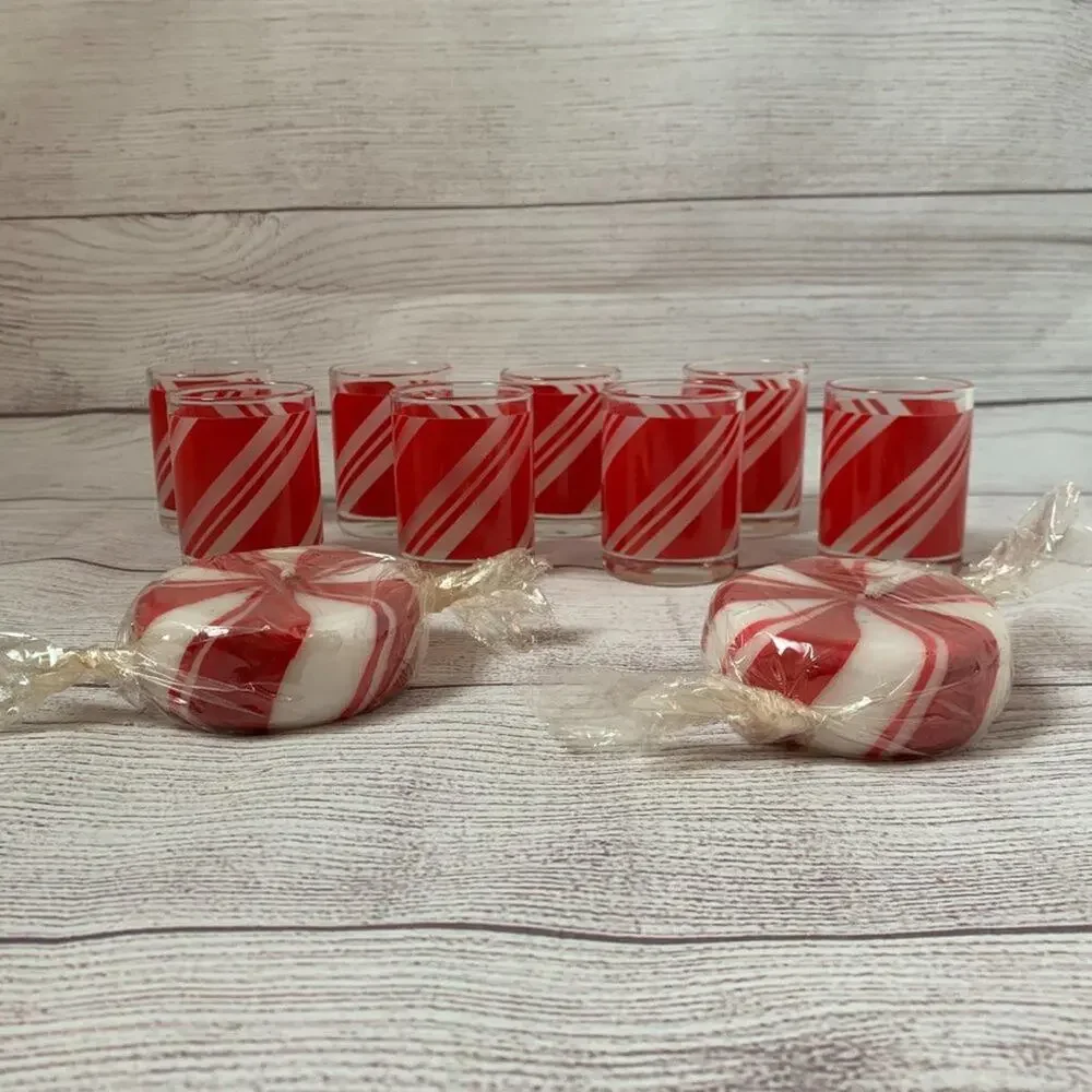 Vintage Peppermint Candy Glass Tealight Votive Candle Holders Set and 2 Candles